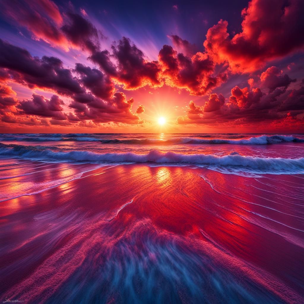 Hyperrealistic Beach Sunset with Red and Purple Clouds