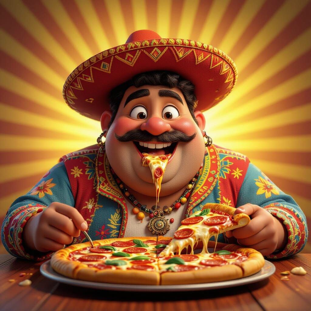 Joyful Mexican Man Eating Pizza in Pixar Style
