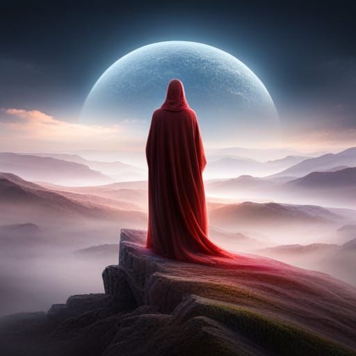 Mystical Figure Casting Spell on Moonlit Cliff