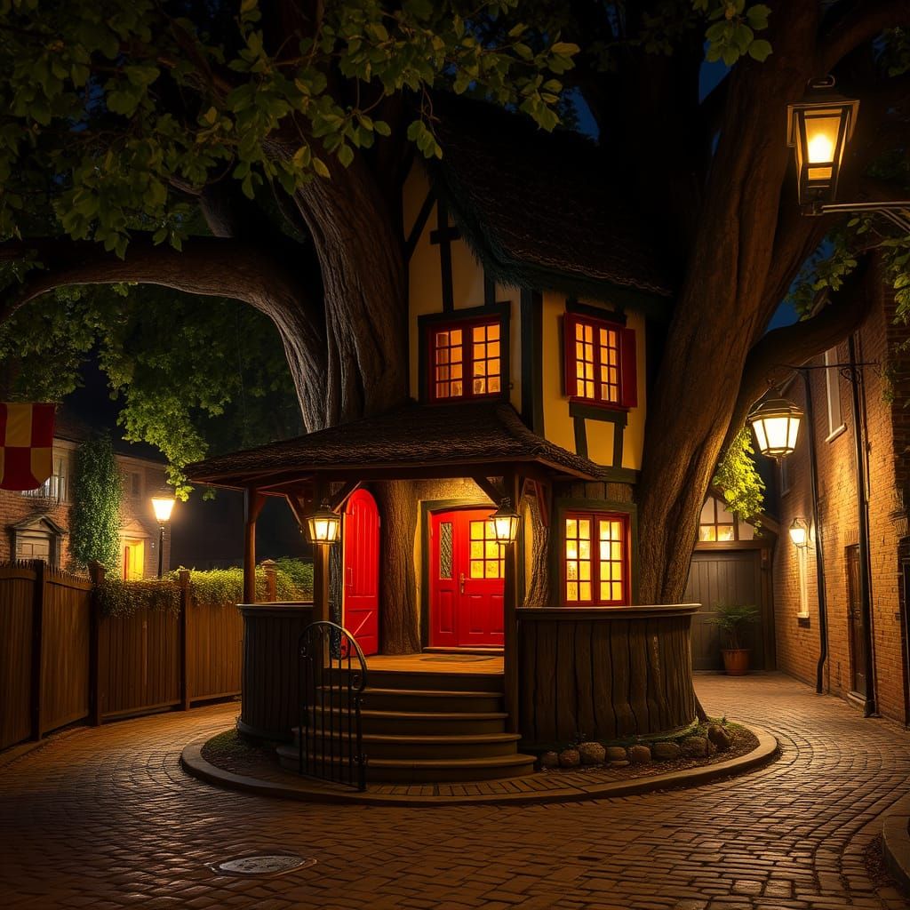 Medieval Treehouse Amidst Lanterns on Ancient Cobblestone St...