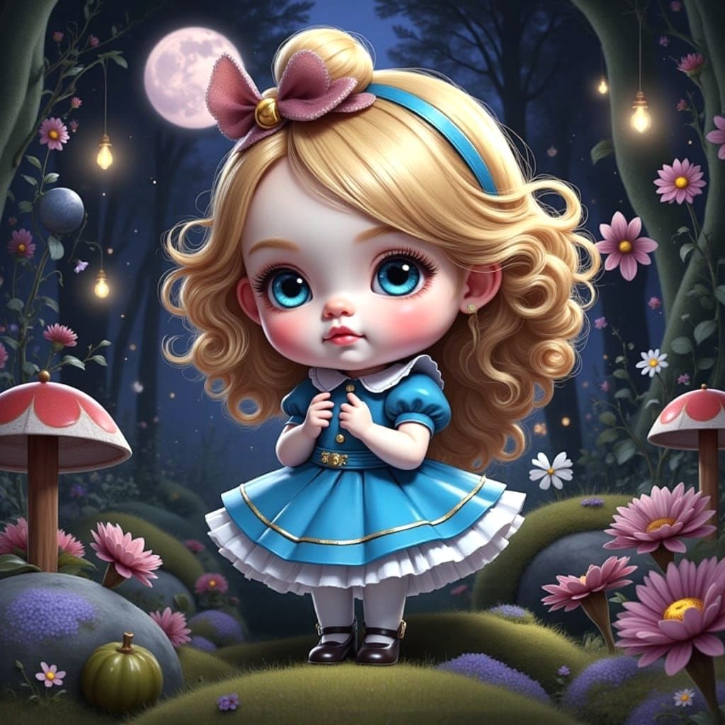 Charming Chibi Alice in Wonderland under Moonlight