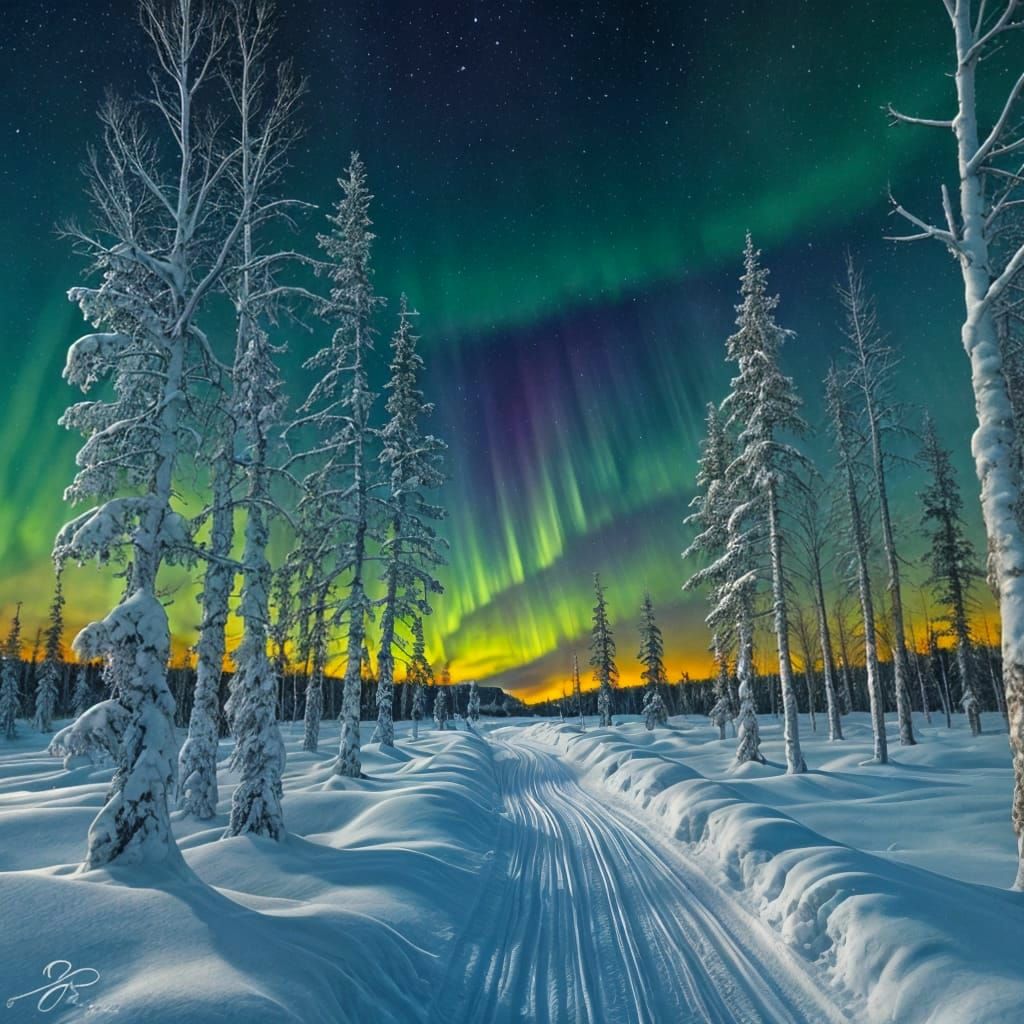 Winter Forest Under Aurora Borealis in Vivid Brushstrokes