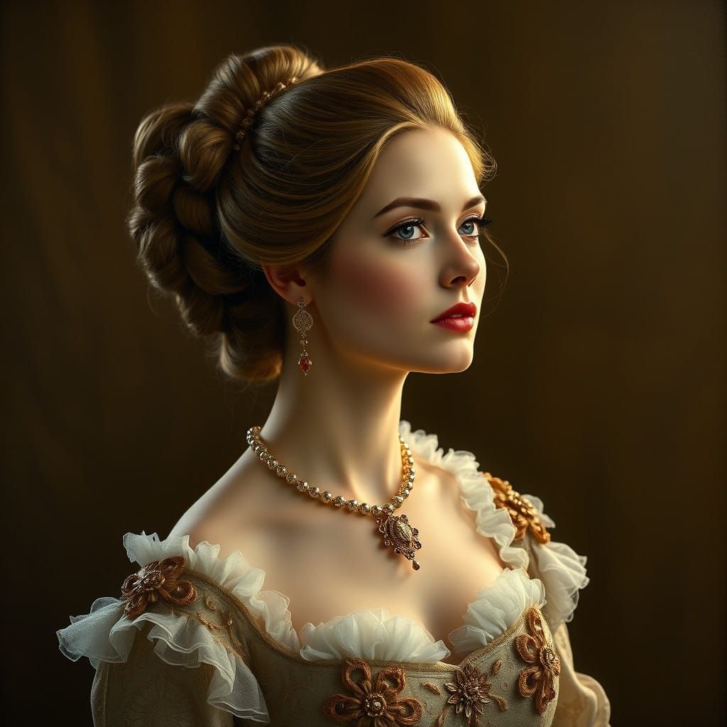 Regal Woman in 19th-Century Attire in Elegant, Moody Lightin...
