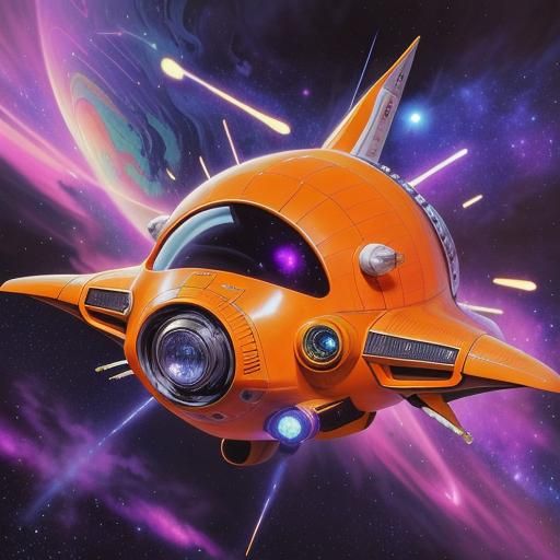 Glowing orange spaceship with gleaming chrome accents, sport...