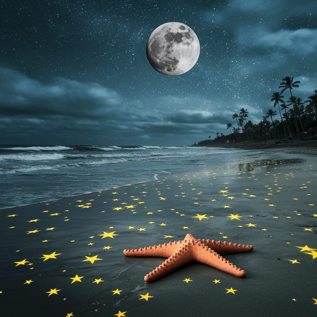 Moonlit Beach Scene with Starfish and Palm Trees