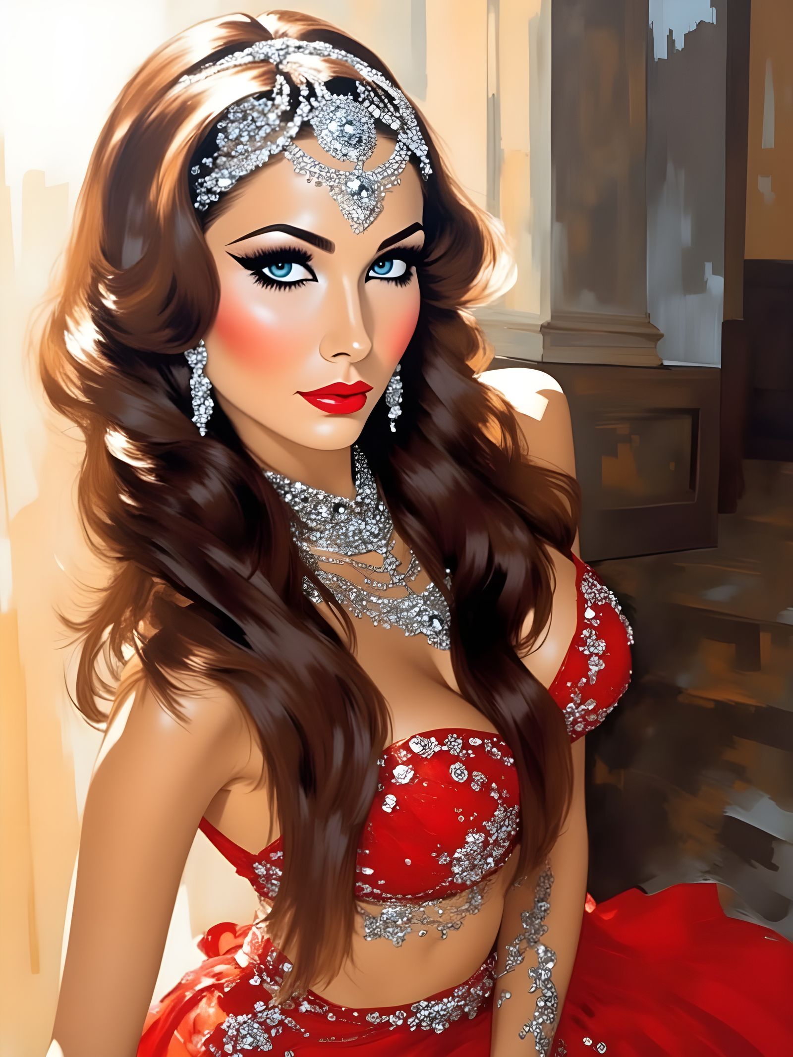 Beautiful Belly Dancer in Red Costume Portrait