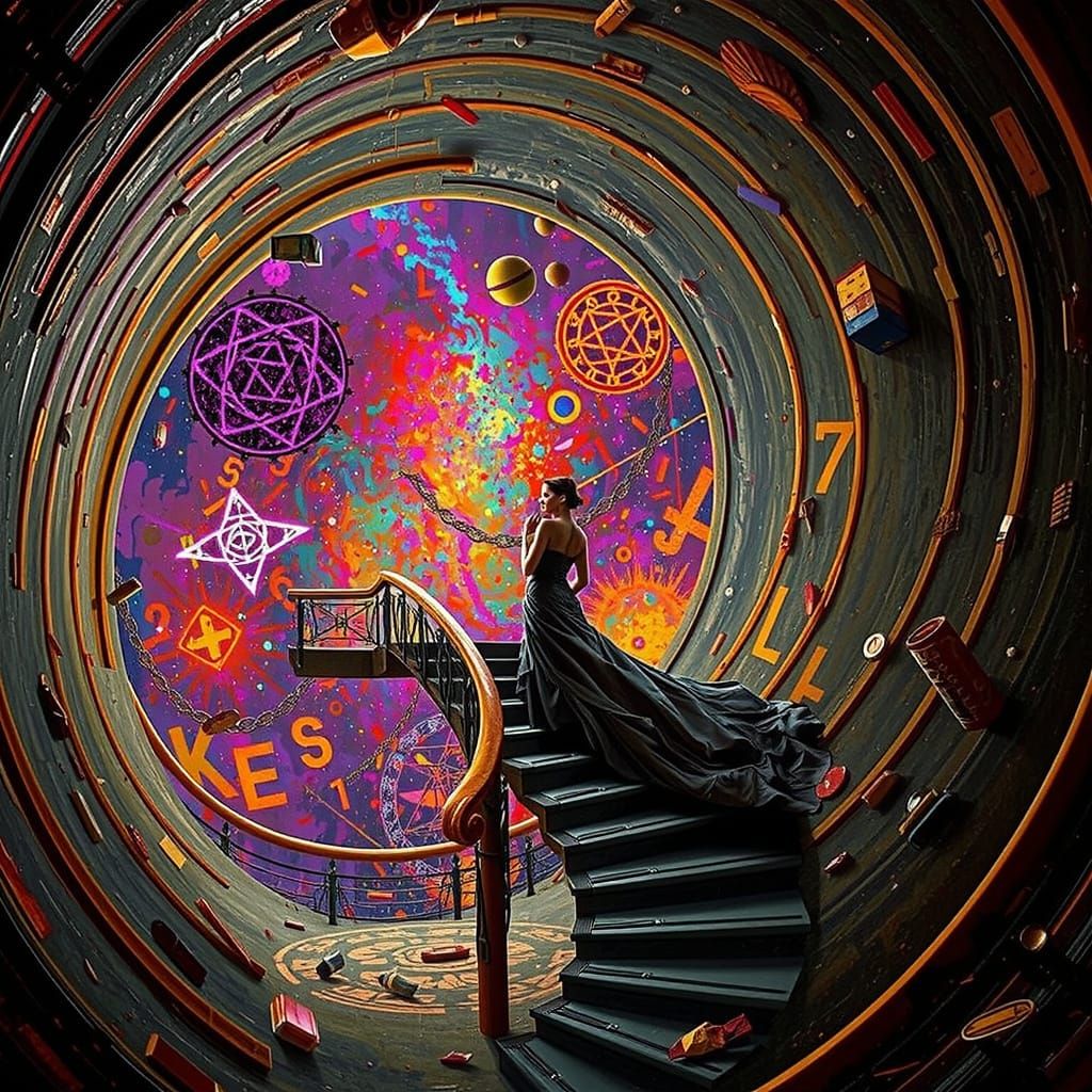 Elegant Woman on Abstract Staircase in Art Deco Style