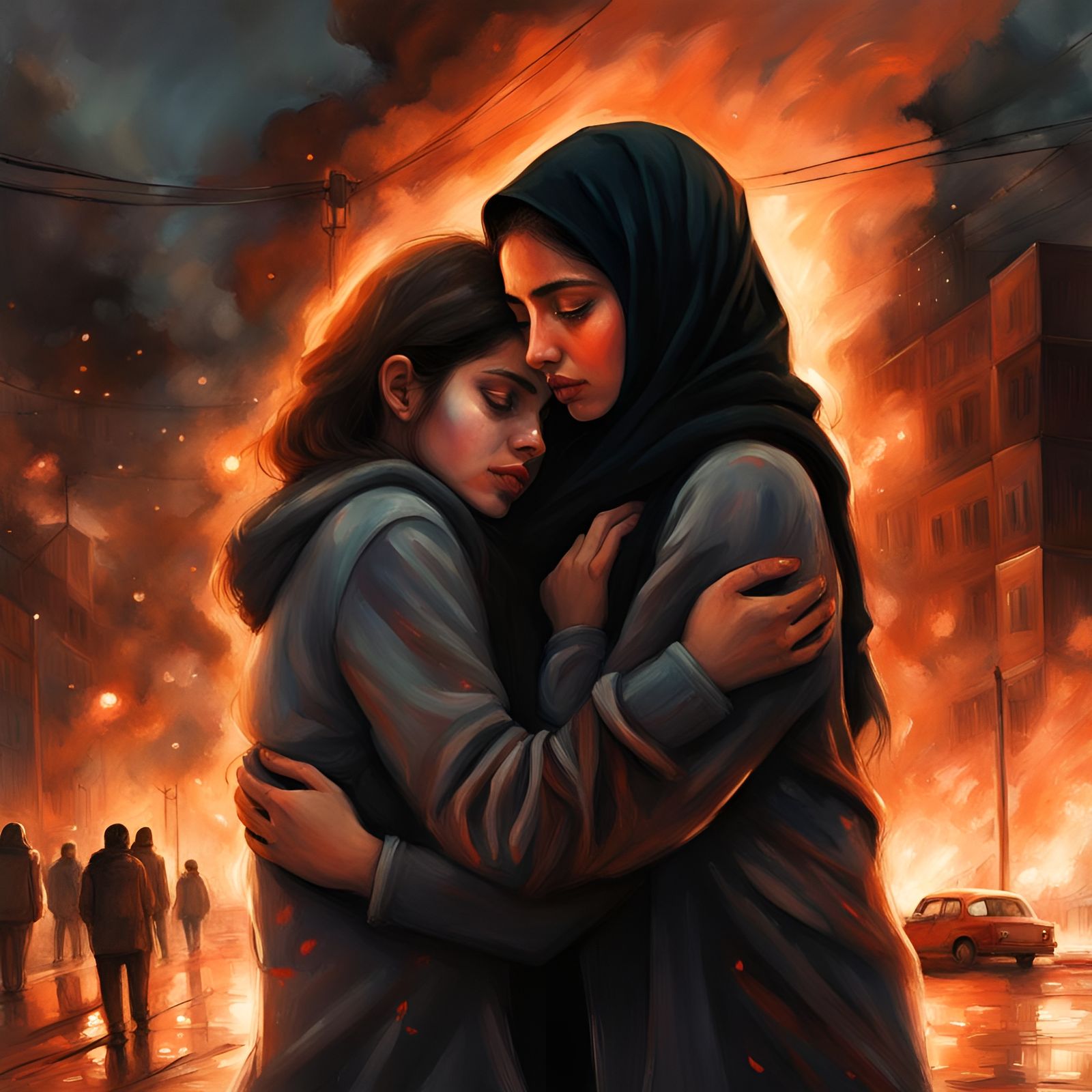 Intense Street Protest Scene: Israeli and Muslim Girl Embrac...