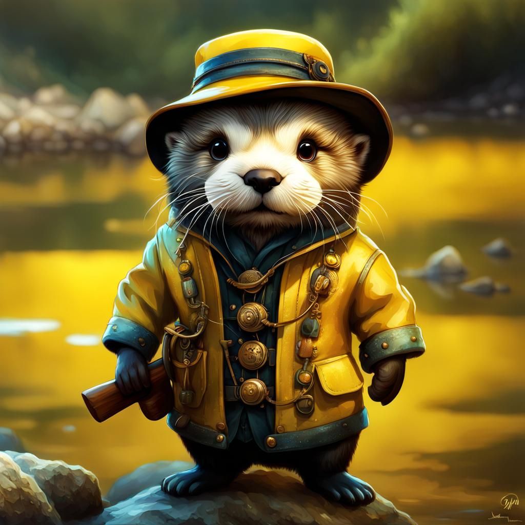 Chibi Otter Fisherman in Yellow Oilskin Outfit