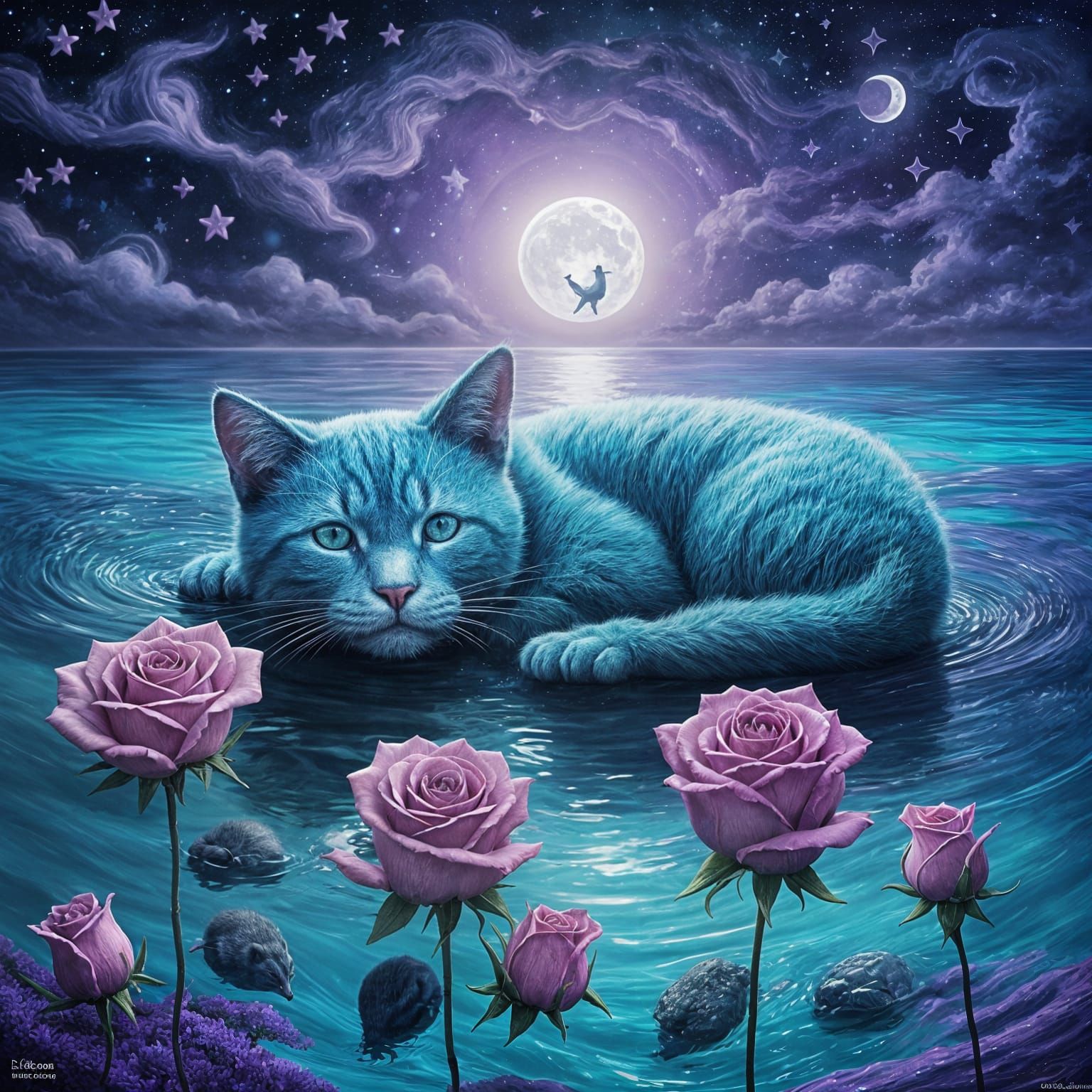 Turquoise Cat Sleeping in Floating Violet Rose