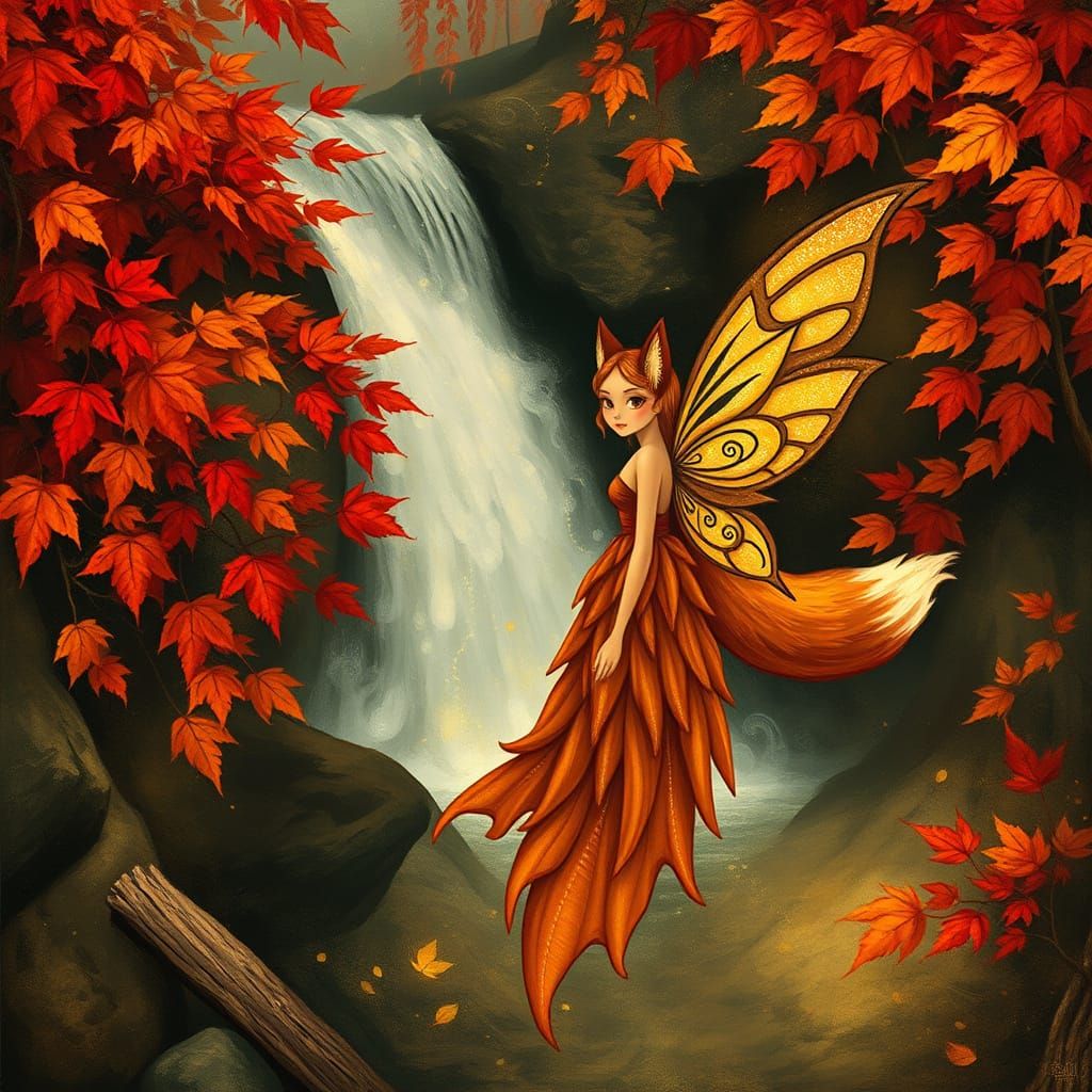 Fox Fairy by Autumn Waterfall in Klimt Style