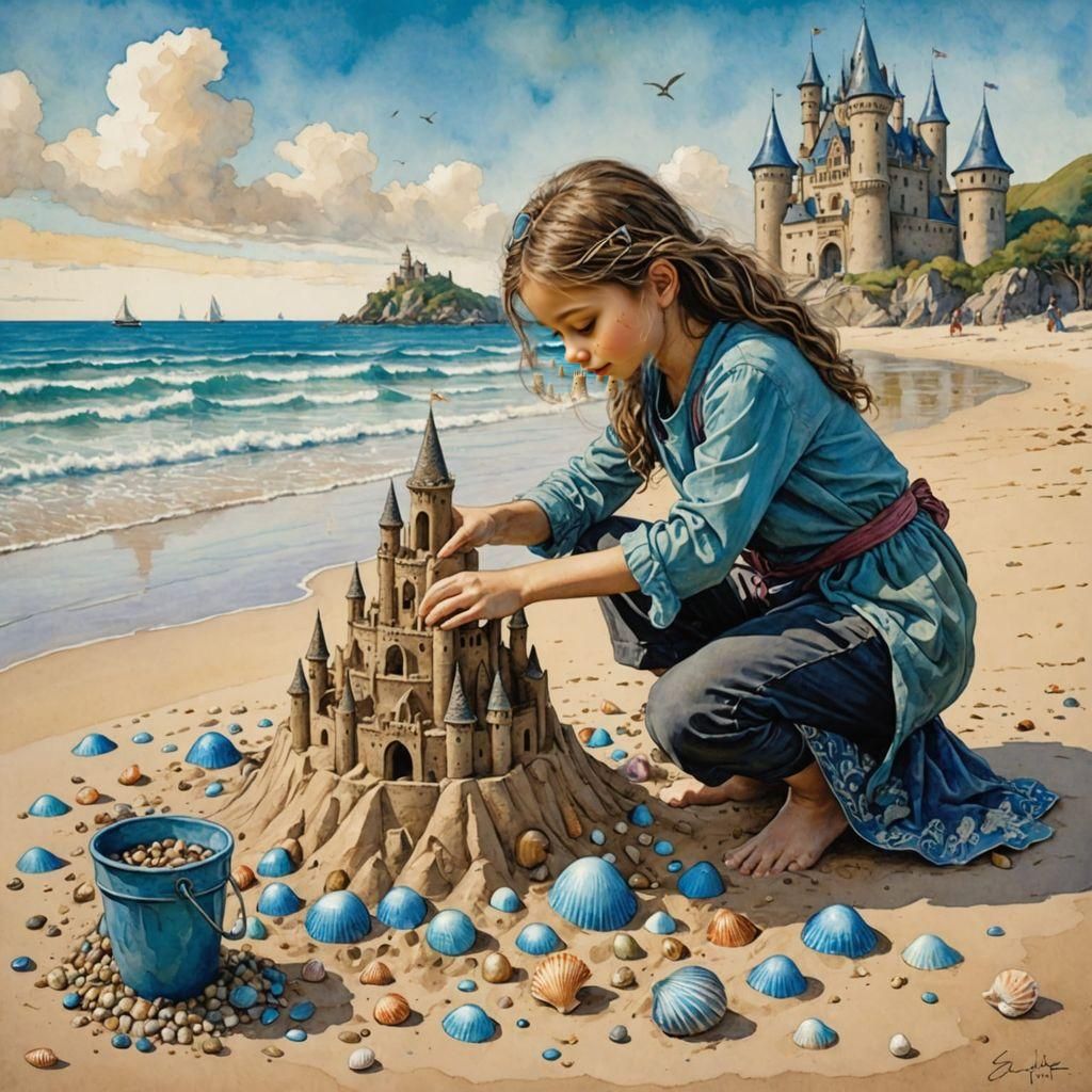 Elaborate Sandcastle on Beach, Dreamy Watercolor Style