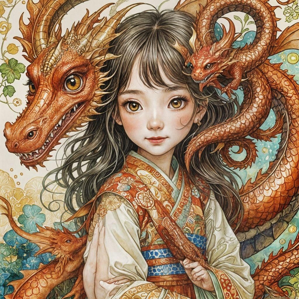 Cute Chibi Girl Cuddles Dragon: Watercolor Illustration