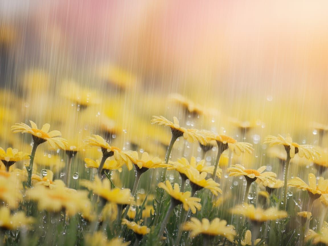 Golden Daisies in Gentle Rain: Dreamy Summer Field