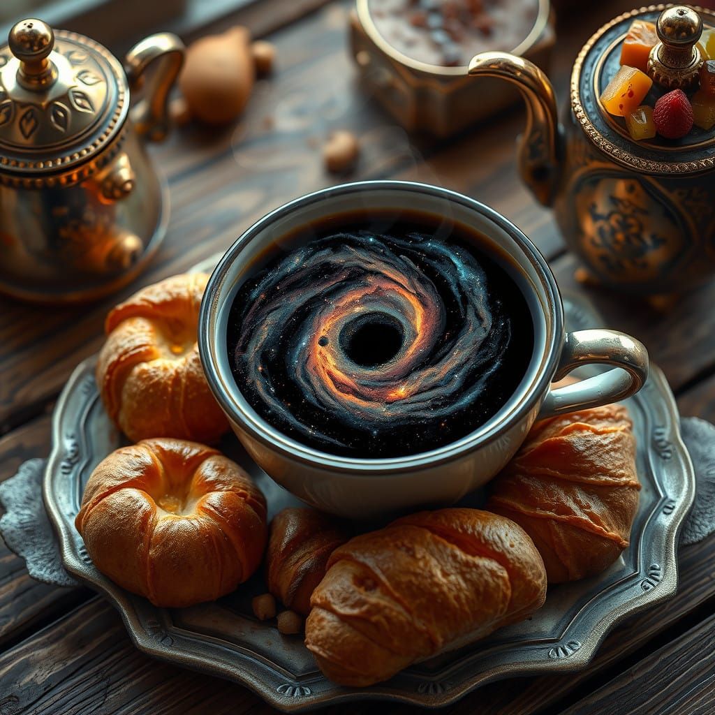 Cosmic Coffee Break in a Whimsical, Hyper-Realistic Setting