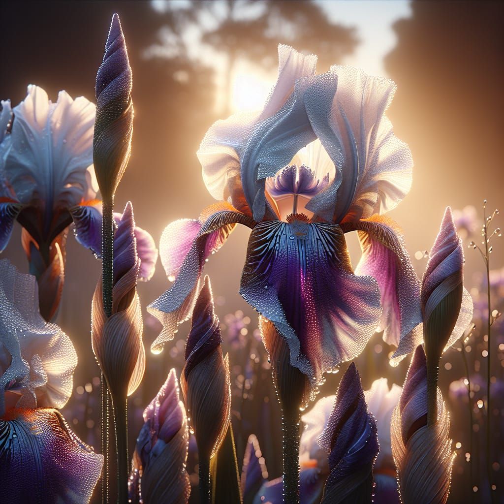 Tall irises glistening with dew greet the dawn's gentle ligh...