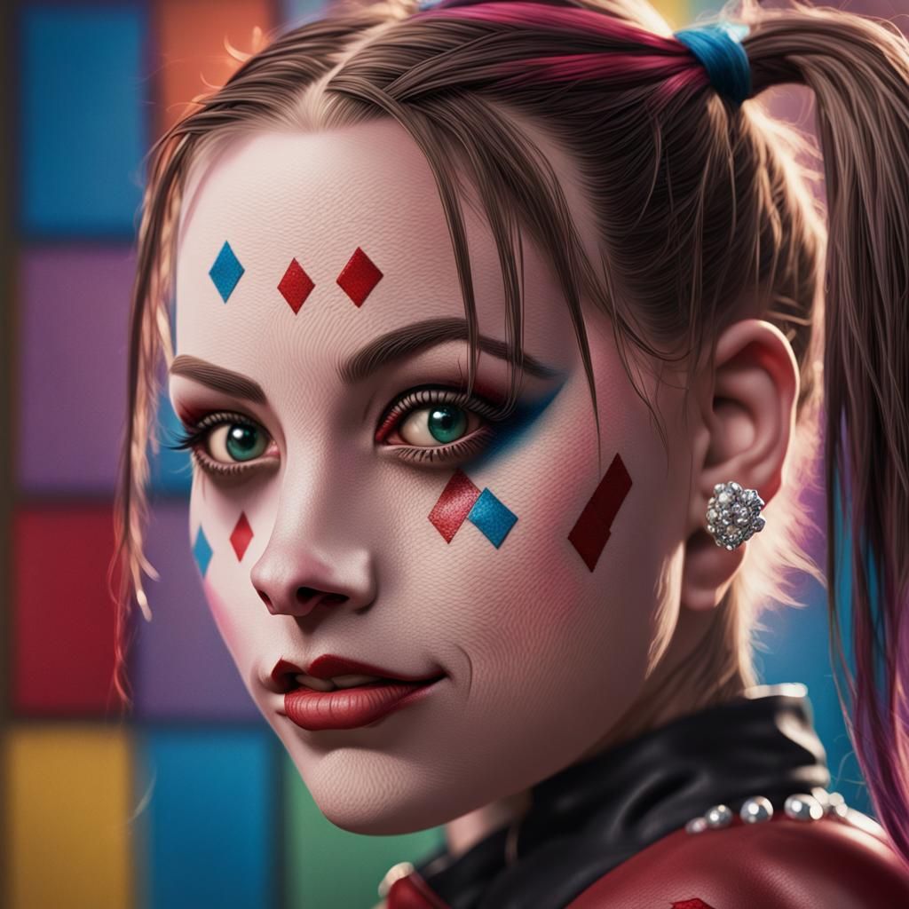 Hyperrealistic Harley Quinn Close-Up in Splash Art Style