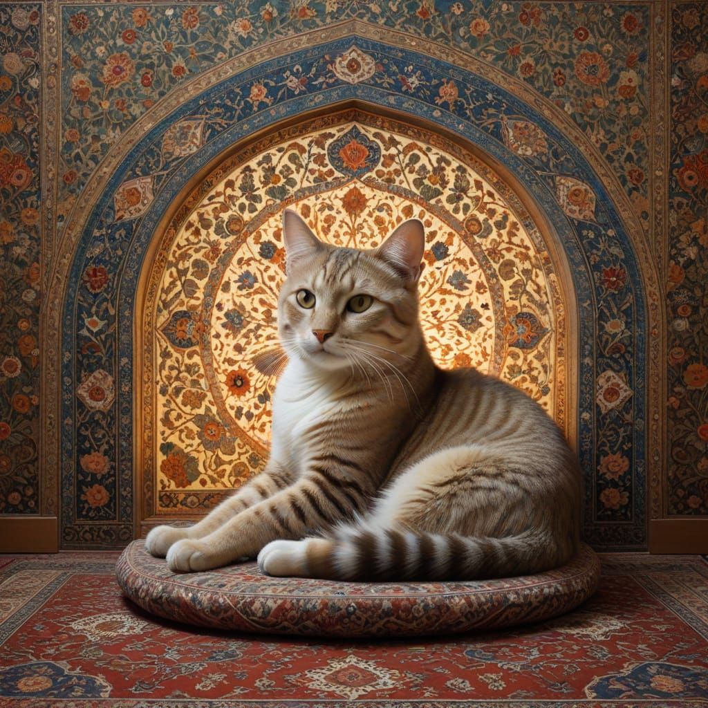Ethereal Feline in Qajar-Inspired Dreamscape