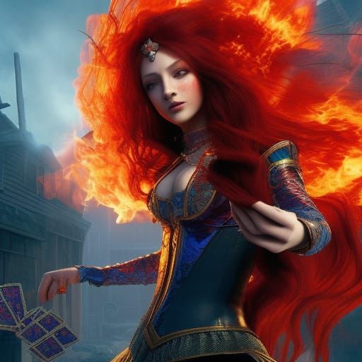 Fiery Redhead Wizard Card Throwing, Graffiti Horror Style