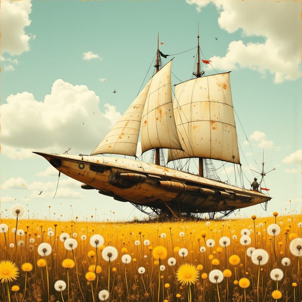 UFO Spaceship with Sails in Dandelion Field