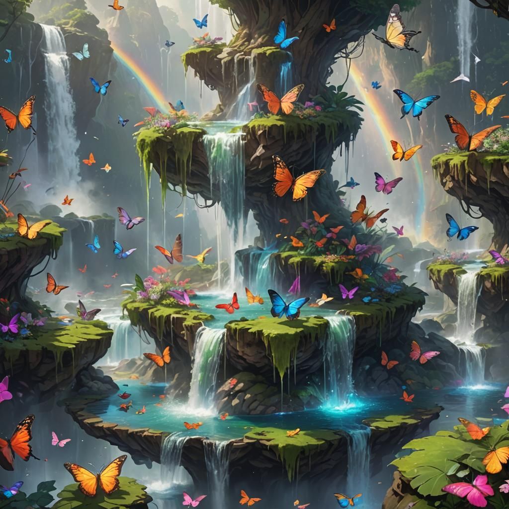 Floating Island with Rainbow Waterfalls and Butterflies