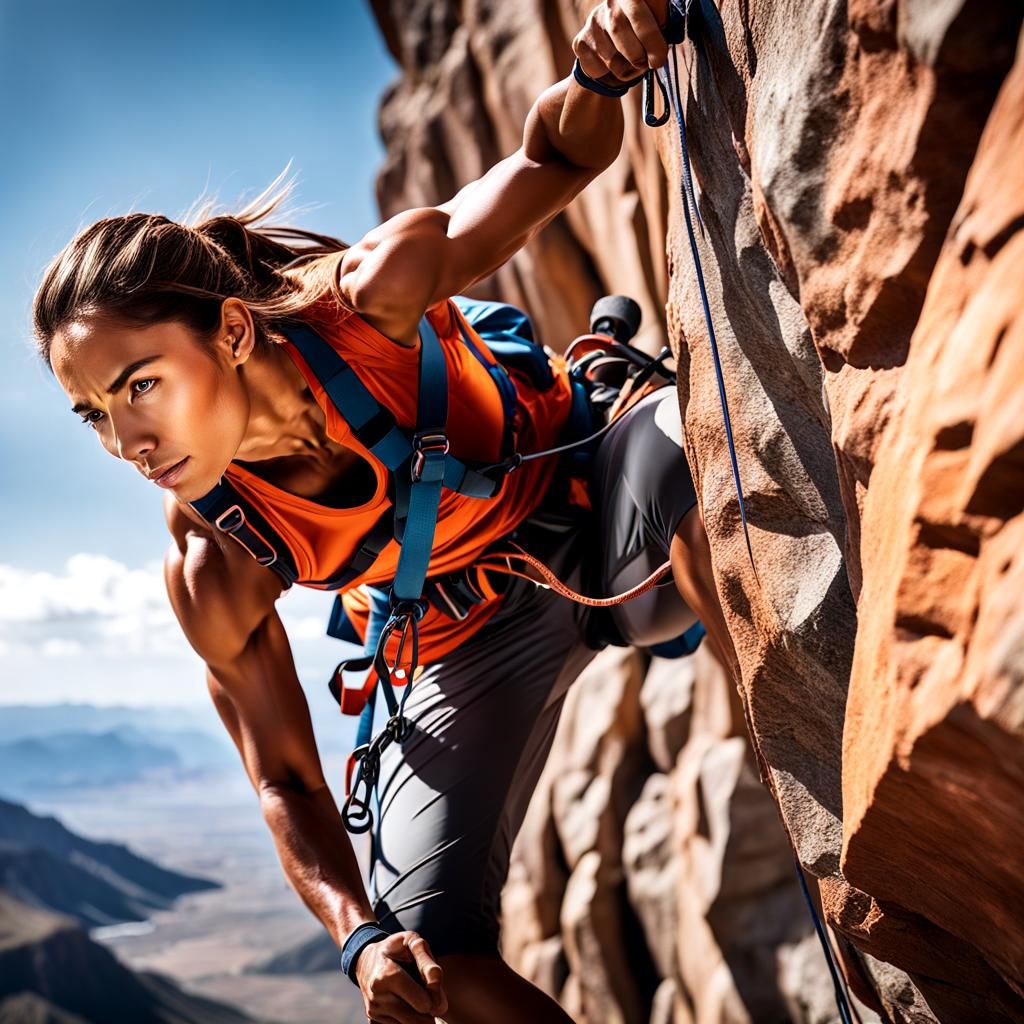 Muscular Woman Rock Climber Ascends Cliff Face
