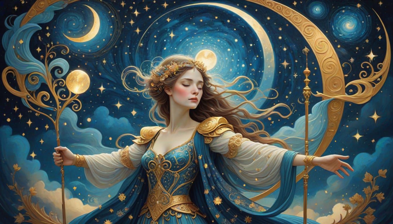 Majestic Woman of Balance in Starry Night Sky