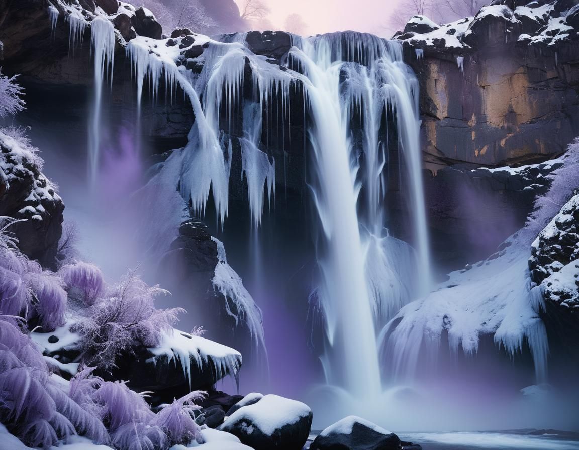Icy Waterfall in Violet Evening Light