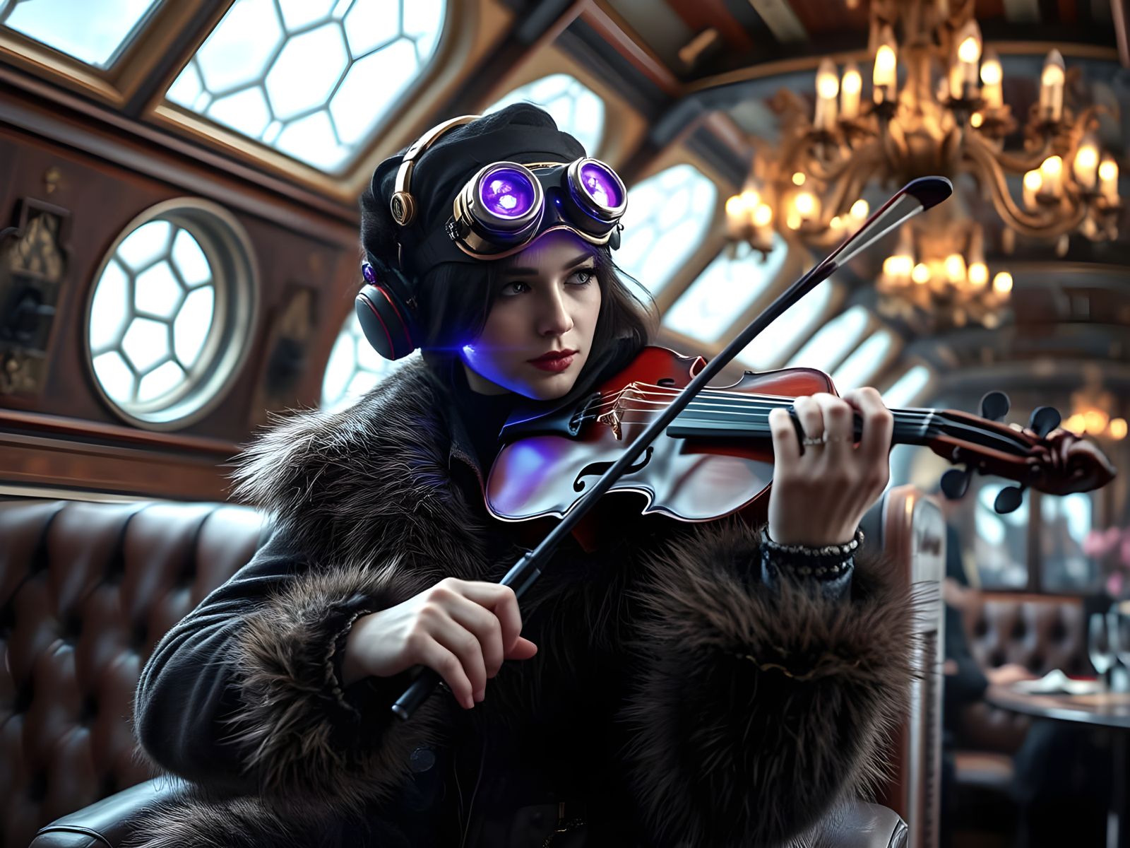 Steampunk Violinist in Elegance and Industrial Grit