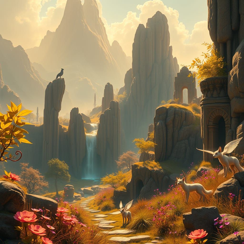 Idyllic Valley in Vibrant, Golden Light with Arcane Spells a...
