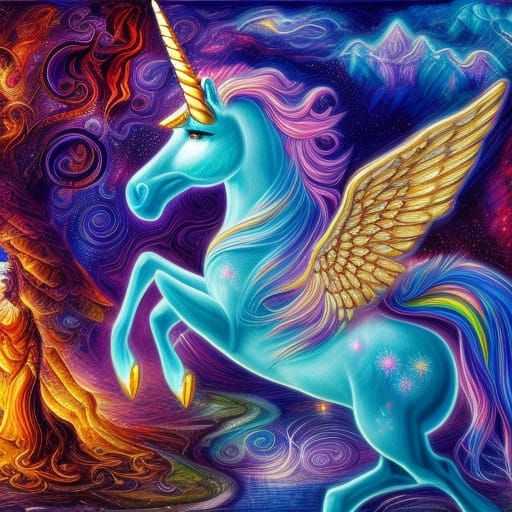 Fiery Icy Unicorn in Airbrush Acrylic Style