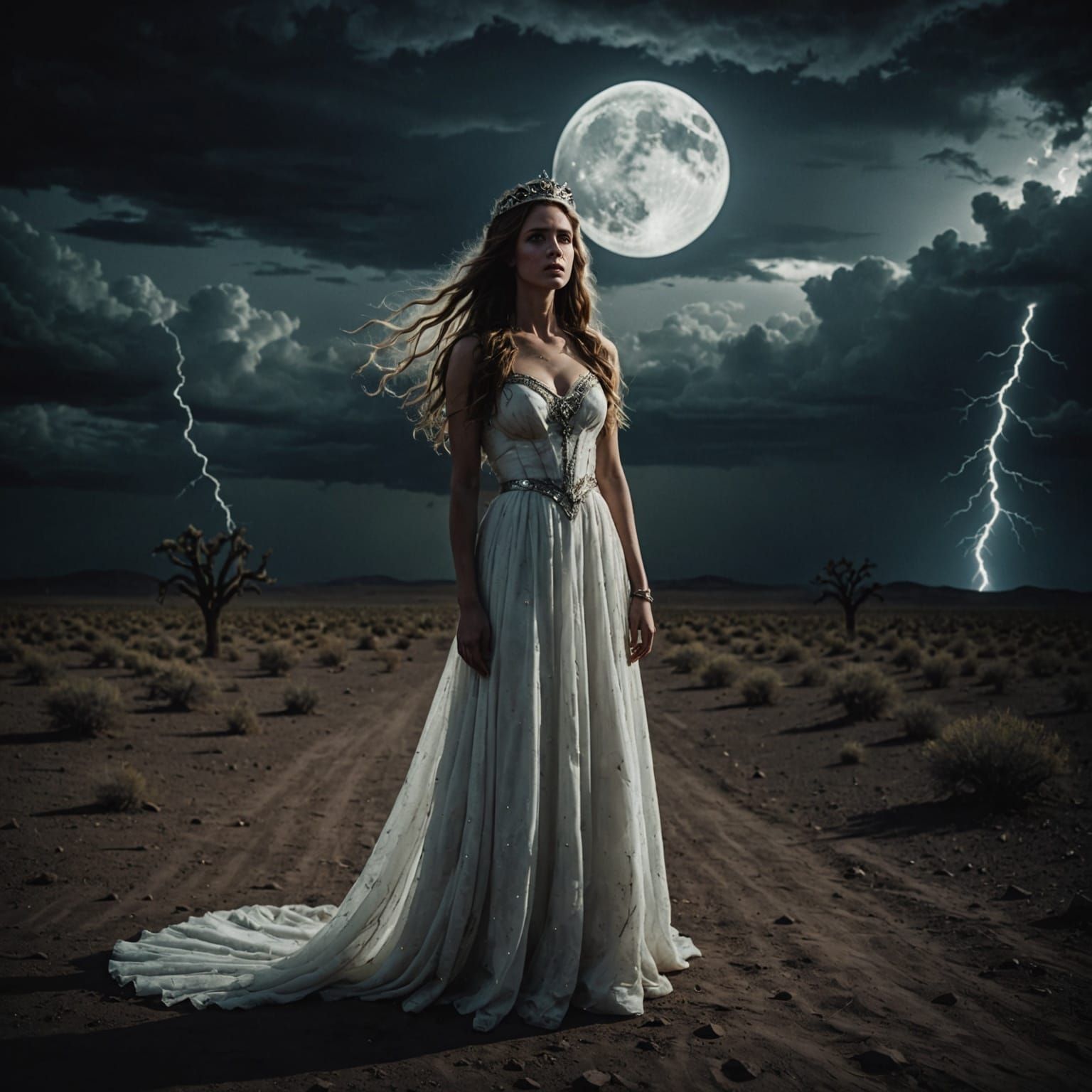 Ethereal Woman in Celestial Dress with Dramatic Lunar Eclips...