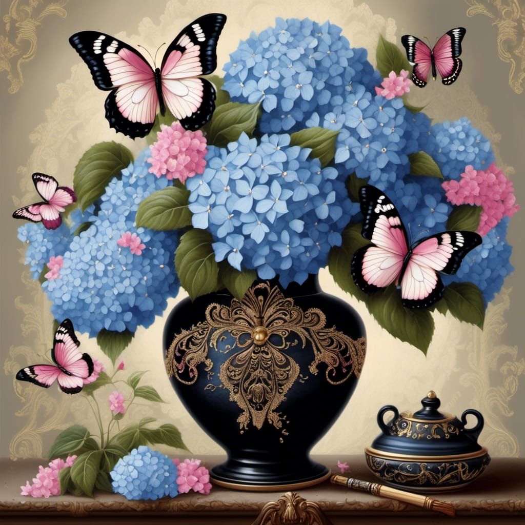 Hydrangeas in Black Vase with Butterflies