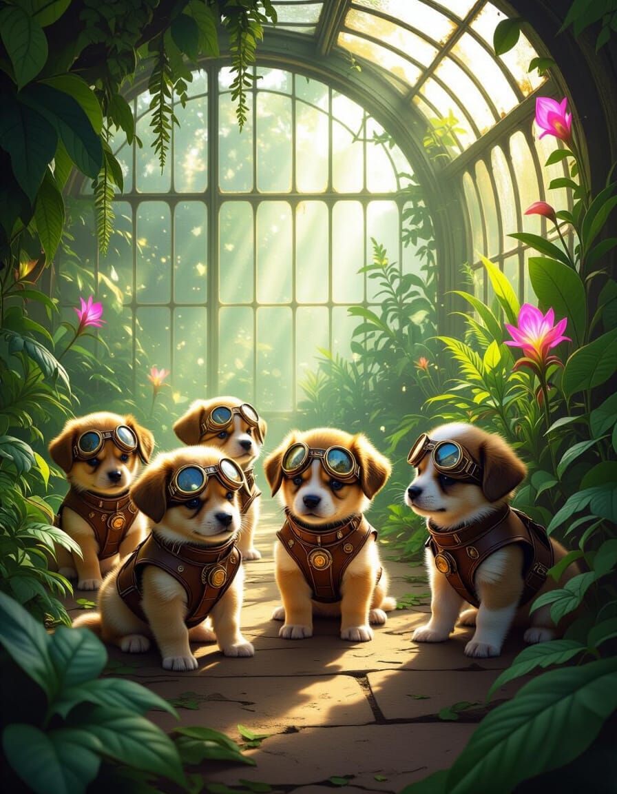 Steampunk Puppies in Enchanted Victorian Greenhouse