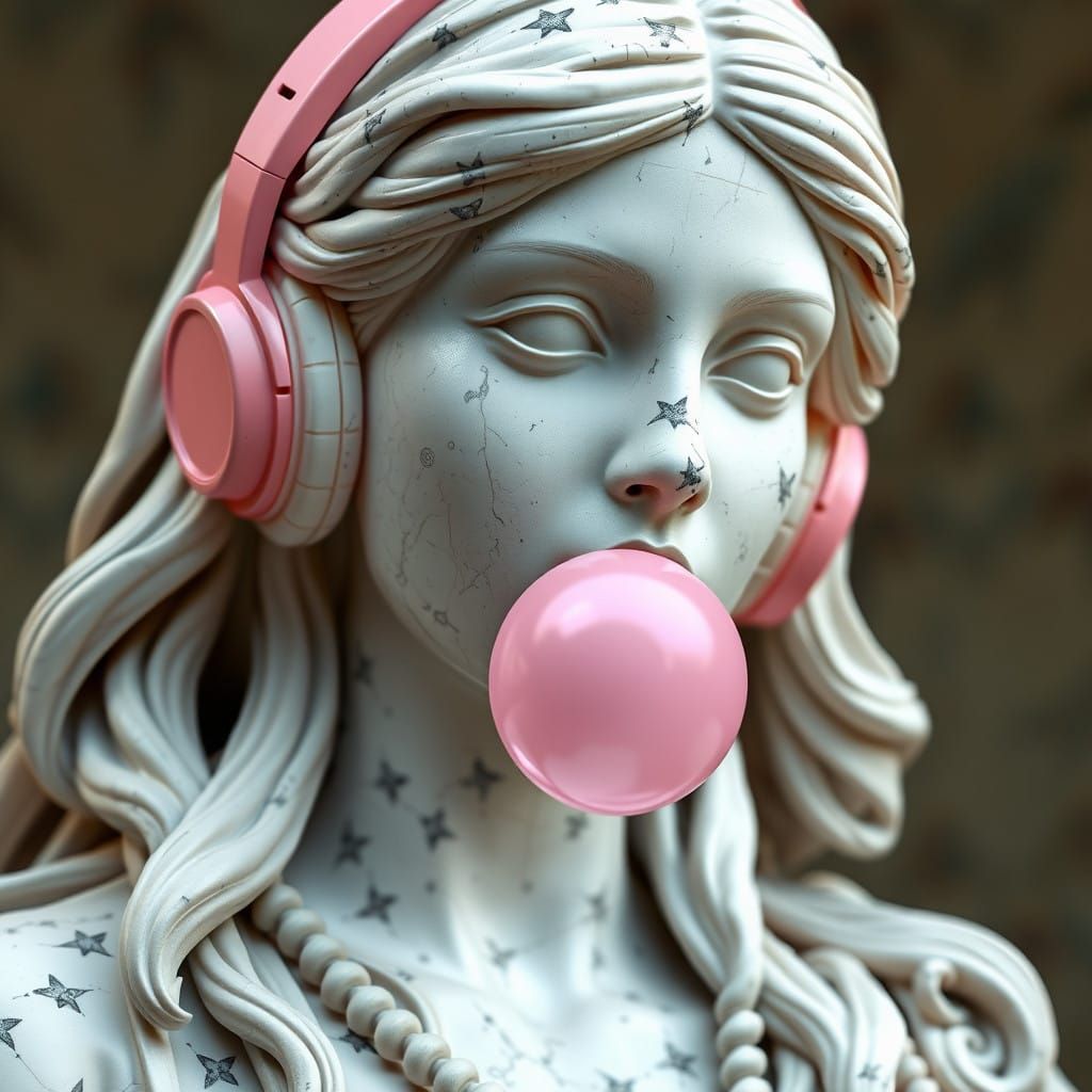 Hyper-Realistic Marble Statue of Woman with Pink Headphones