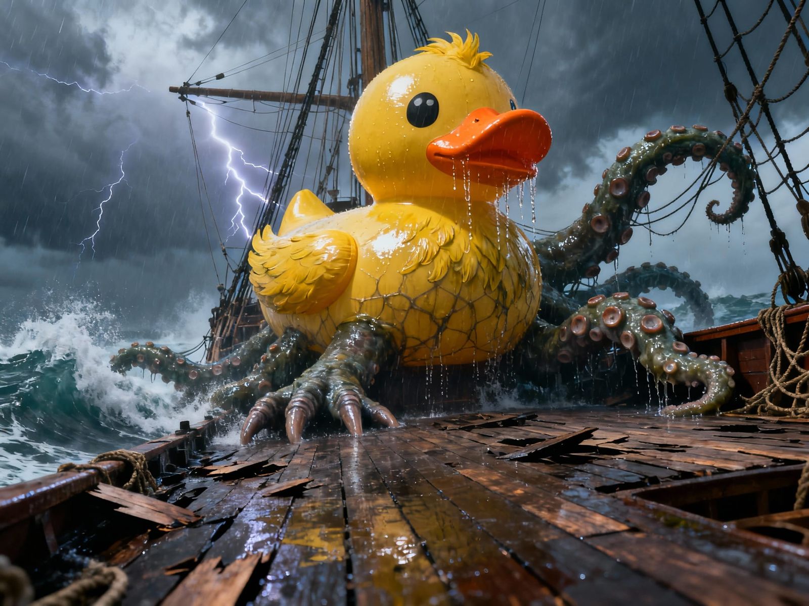 Photorealistic Quacken Monster Attacking Ship Deck