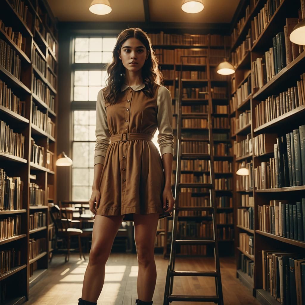 Cinematic Library Scene with Girl on Ladder