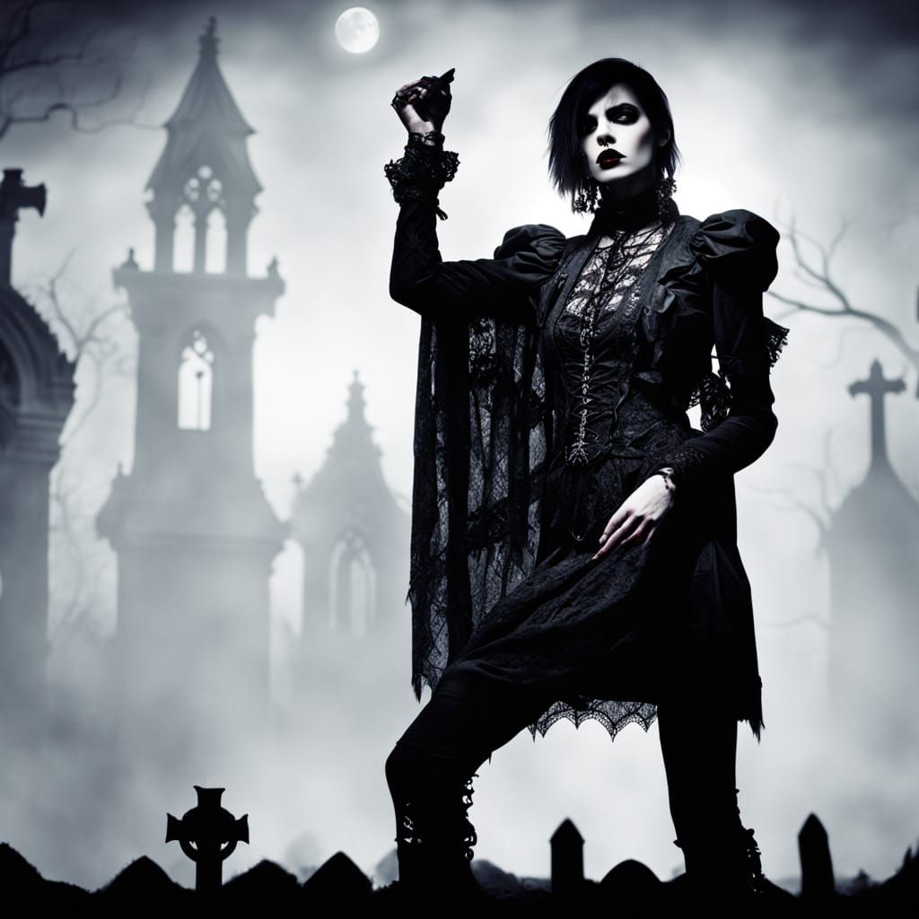 Gothic Fashion Model in Graveyard: Dark Romanticism Art