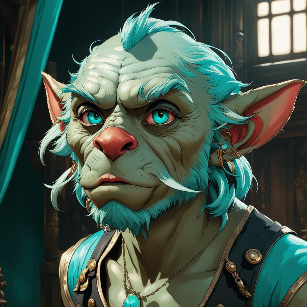Cyan Goblin Tracker Portrait in Art Nouveau Style
