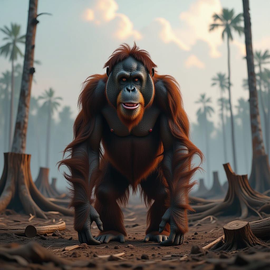 Orangutan in Deforested Rainforest: Dystopian Art