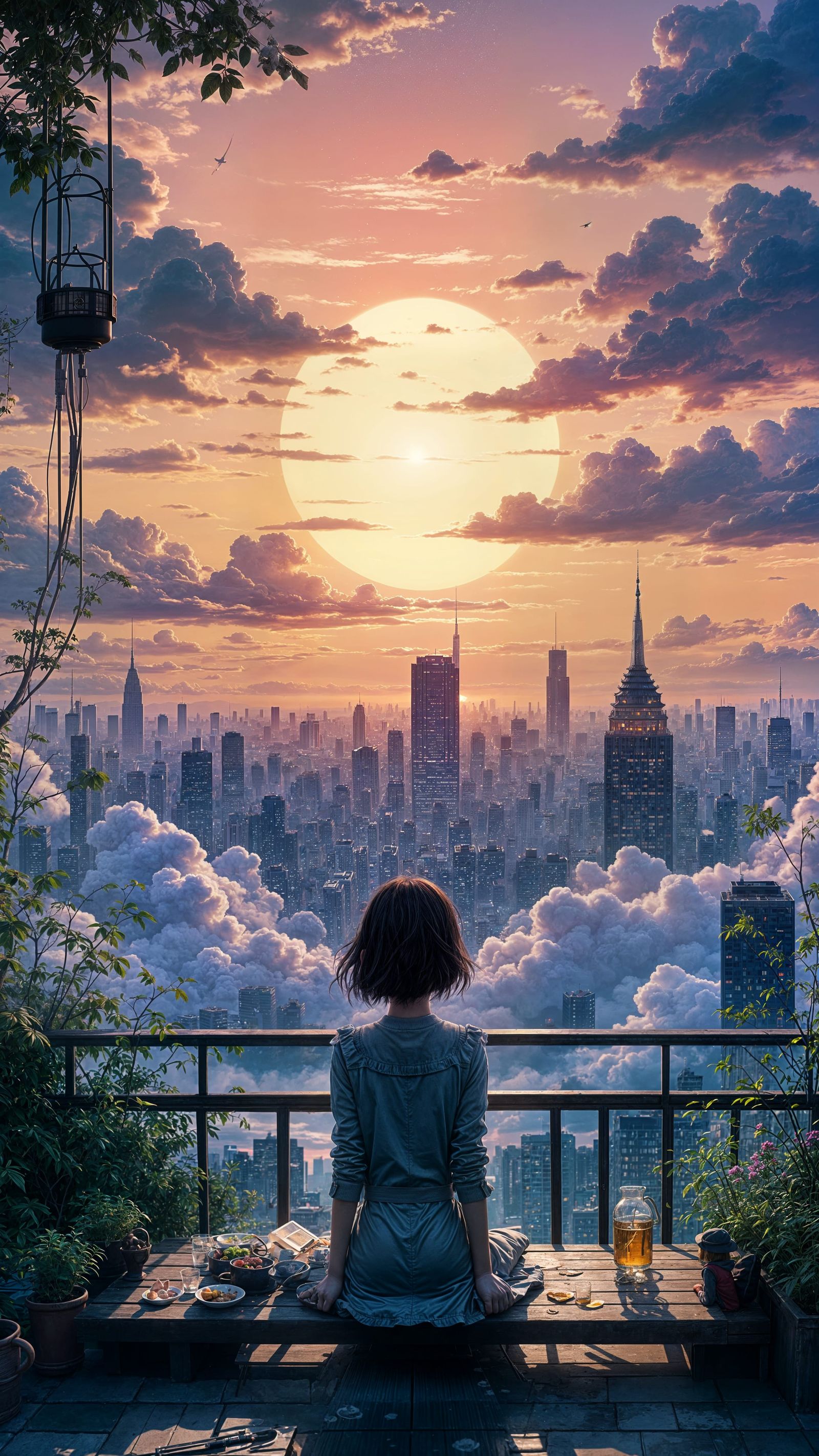 Anime LoFi Girl Rooftop Meal at Sunset