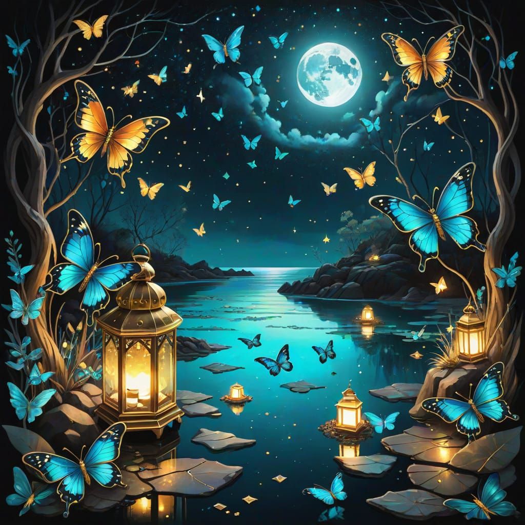 Luminous Blue Lagoon Under Starry Night Sky with Full Moon