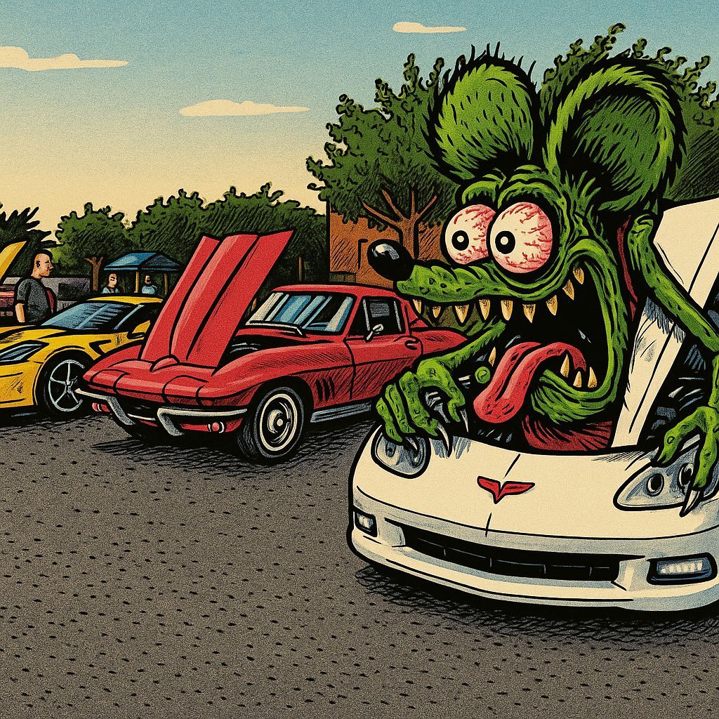 Rat Fink Monster on White Car Cartoon Illustration