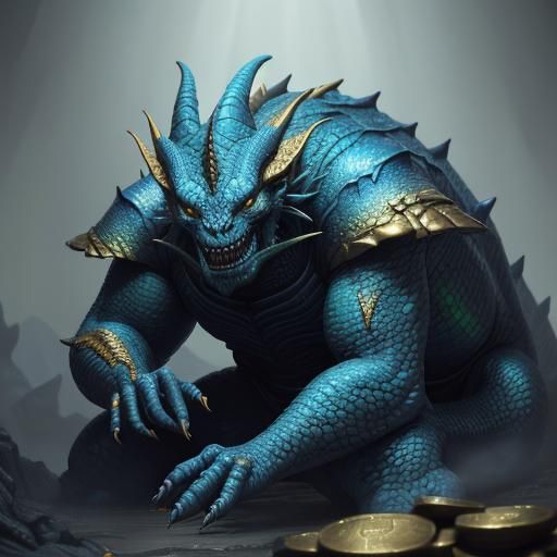Colorful Dragon on Gold Coins in Misty Cave