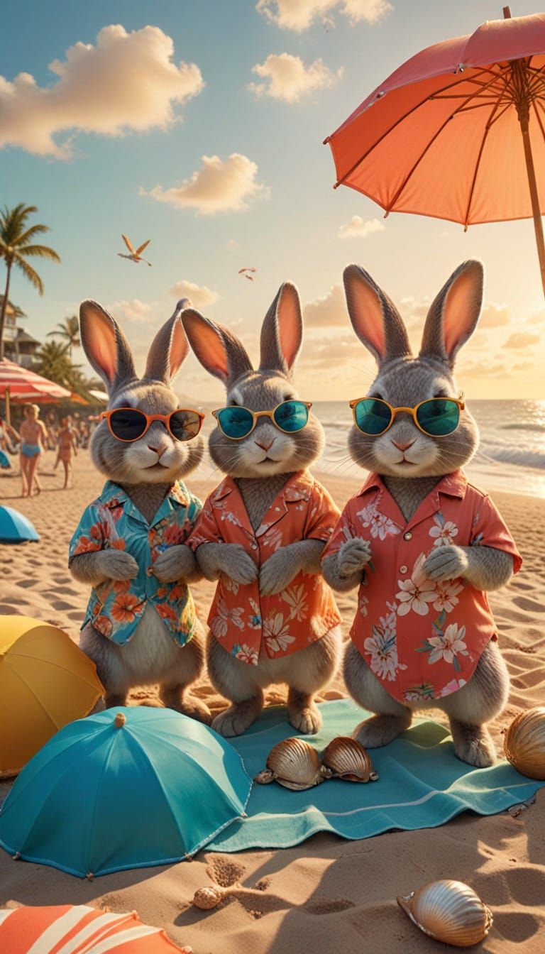 Quaint Beach Scene of Adorable 1950s Bunnies