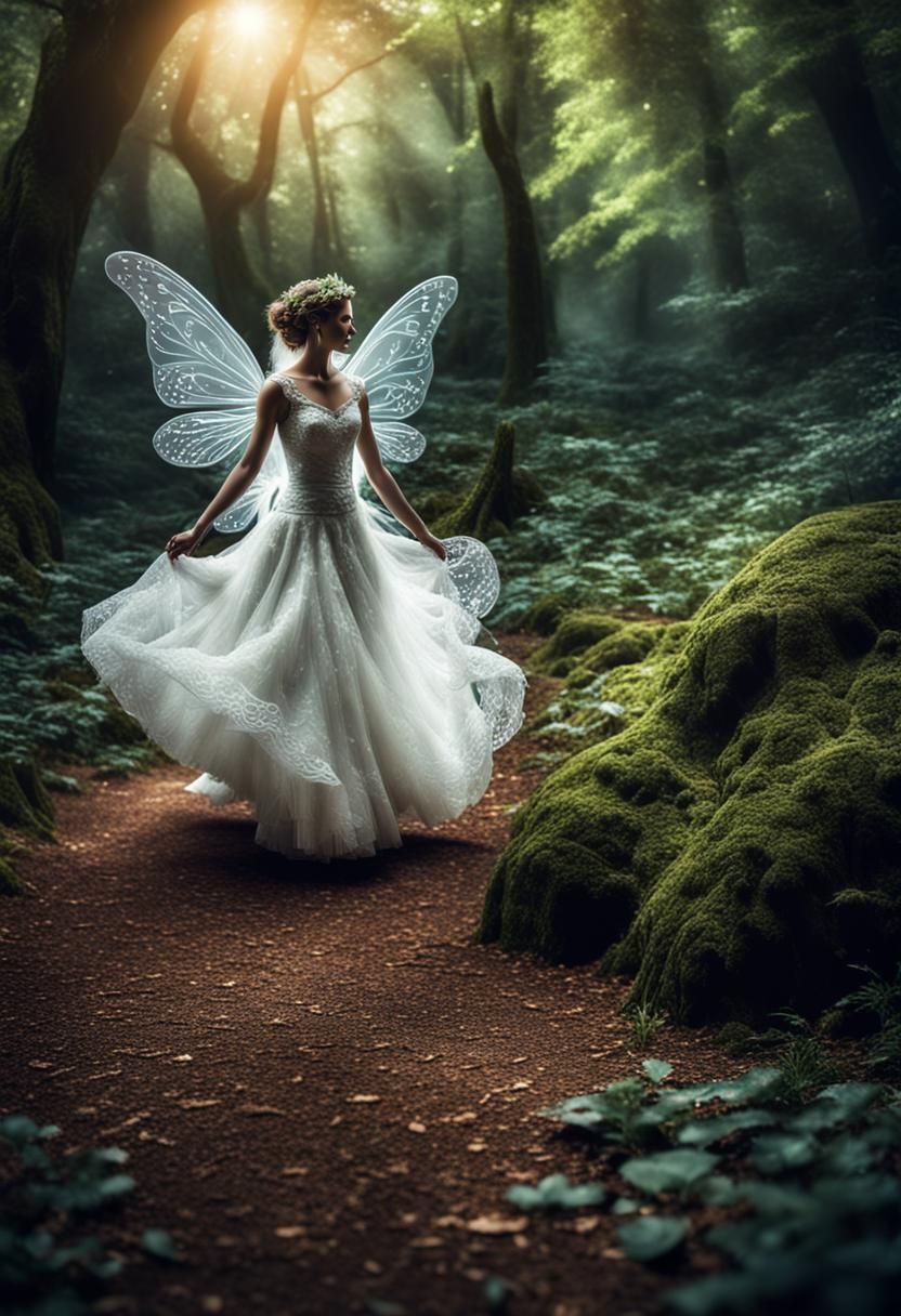 a fairy in a wedding dress dancing in a magical forest