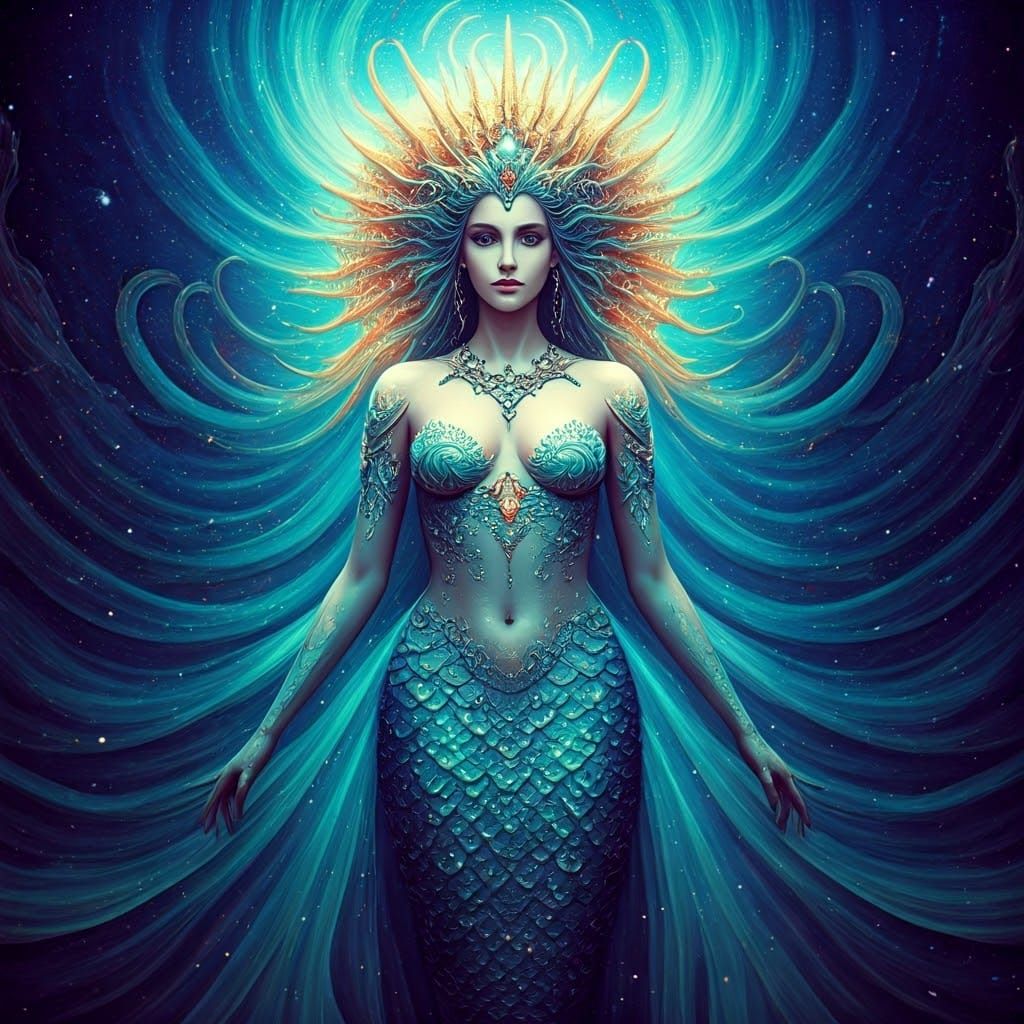 Majestic Aquatic Princess in Vibrant Cosmic Dreamscape