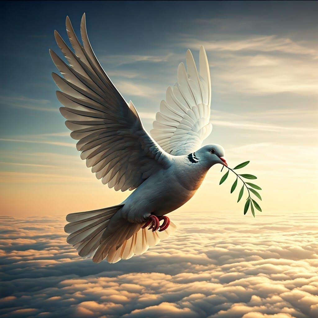 Surreal Dove in Ethereal Sky with Olive Branch