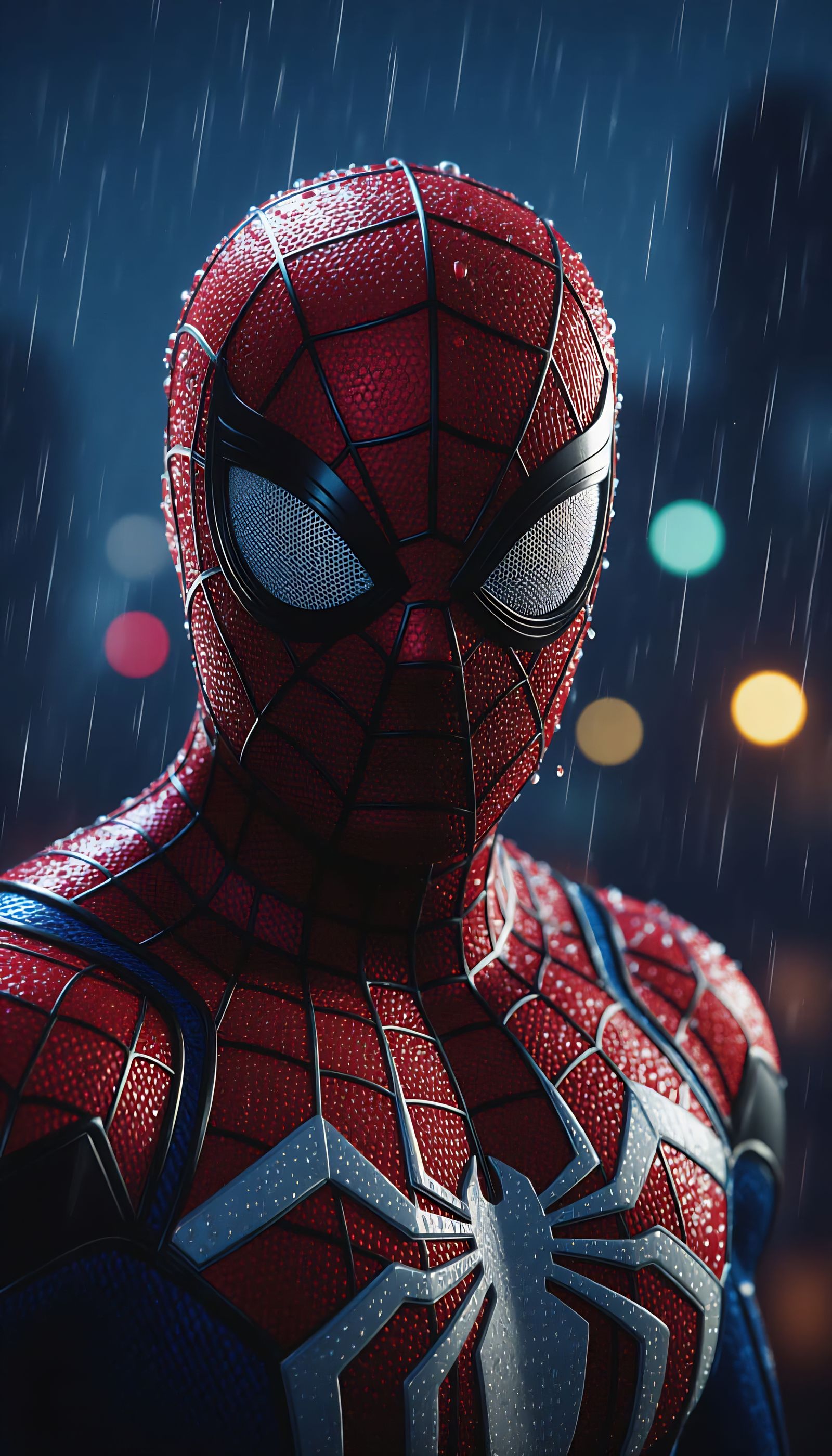 Ultra-Realistic Spiderman Portrait in Rainy Night