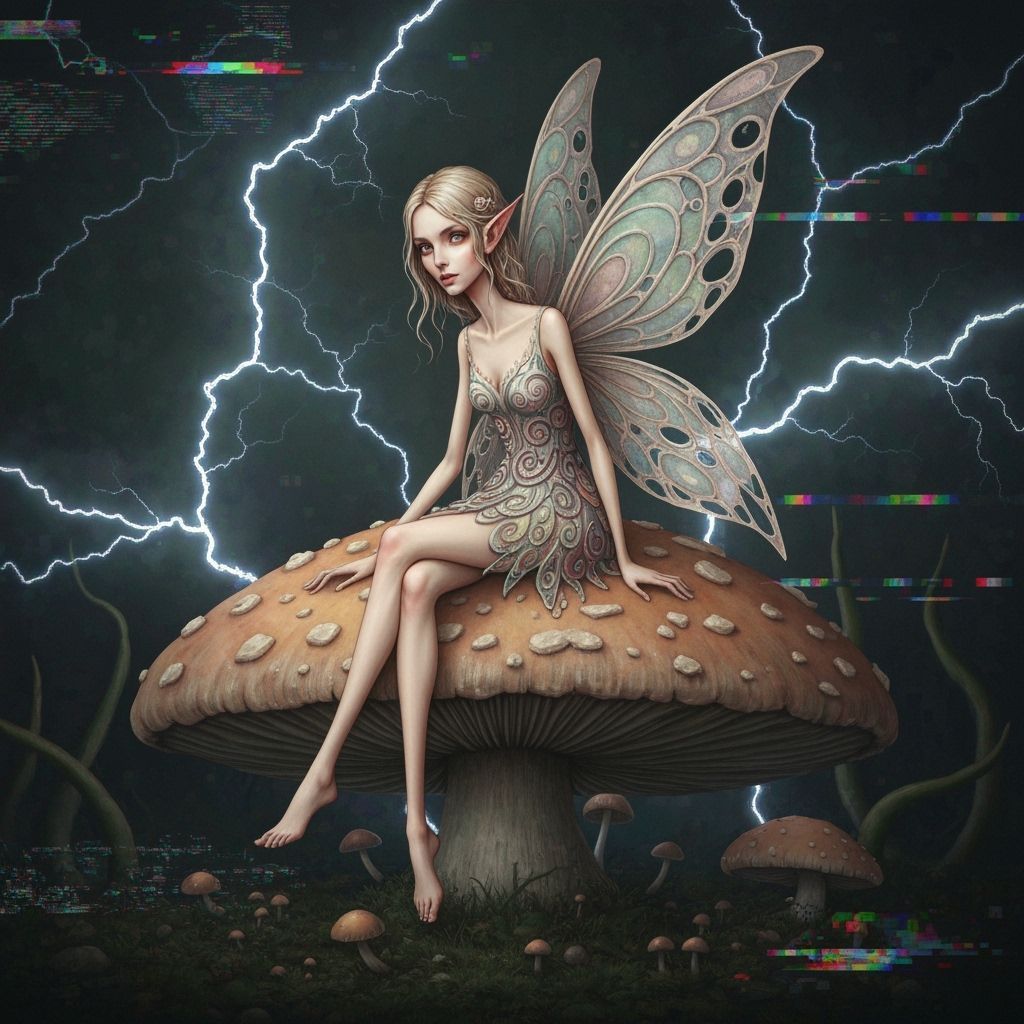 Surreal Fairy on Mushroom with Static Electricity
